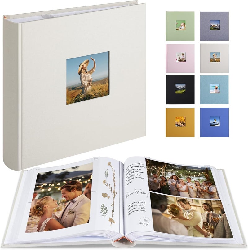 1DOT2 Photo Album with Writing Space 50 Pages 4x6 Photos Hold 200 or 5x7 Pictures Hold 100, Linen Cover Small Photo Book Albums with Memo for Anniversary Wedding Baby (Beige) - Image 1